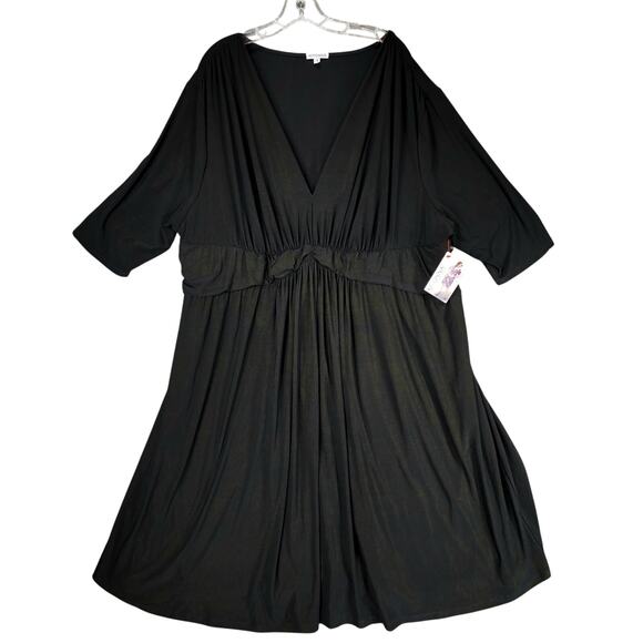 Kiyonna Midi Dress sz 4 Women Black Gold Metallic 3/4 Sleeve Stretch Ruched NEW - Picture 1 of 11